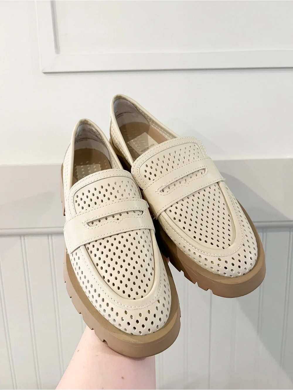Dolce Vita Cream Perforated Penny Loafers with Tan Lug Sole - Picture 3 of 7